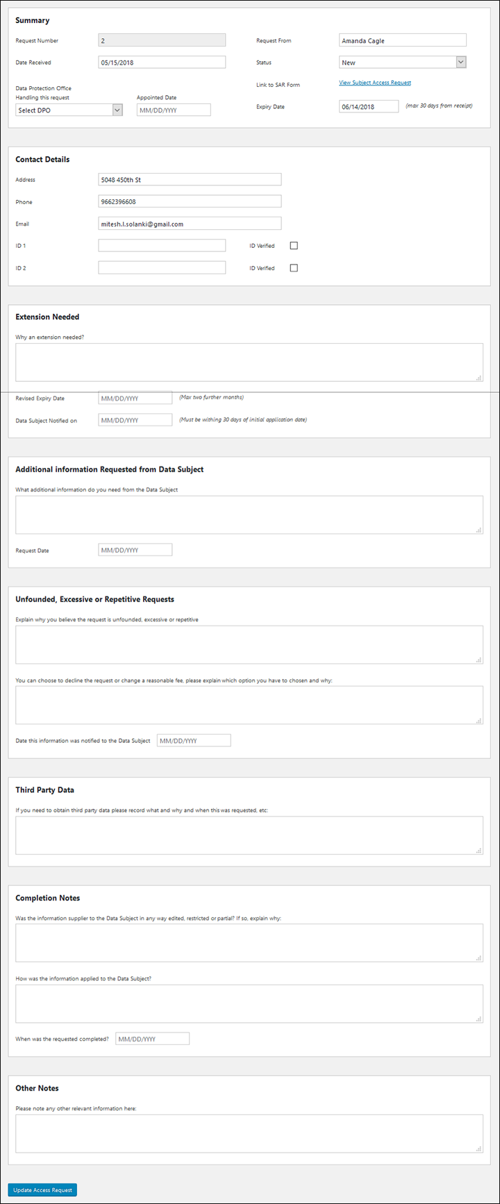 WP-HR GDPR Subject Access Request Register Details 