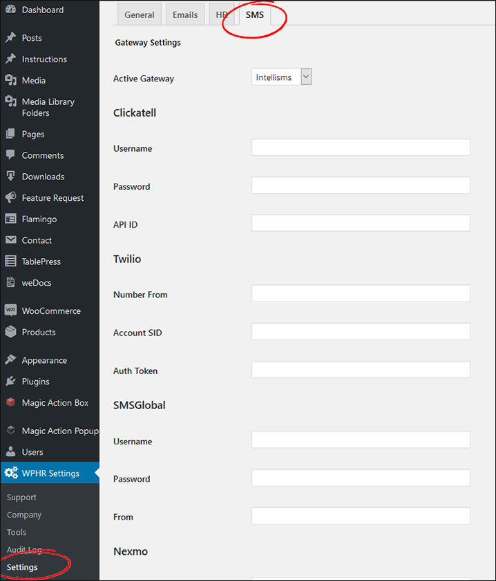 WP-HR SMS  Messages Supplier Settings